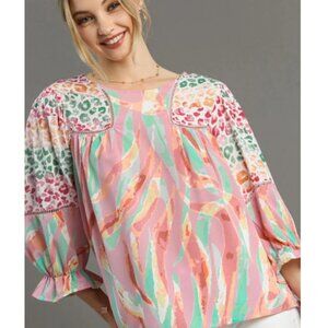 Umgee Full Size Mixed Print Lace Trim 3/4 Sleeve Top Blouse Size L Blush Pink